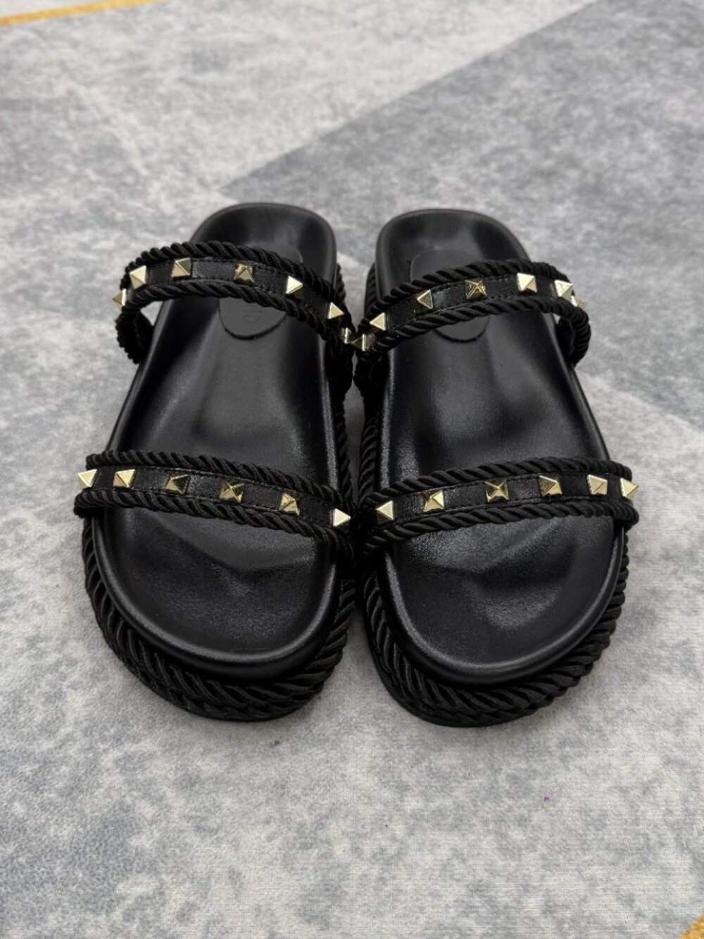 Women's Black Studded Slide Sandals, Gold Pyramid Stud Flat Sandals - Picture 3 of 11